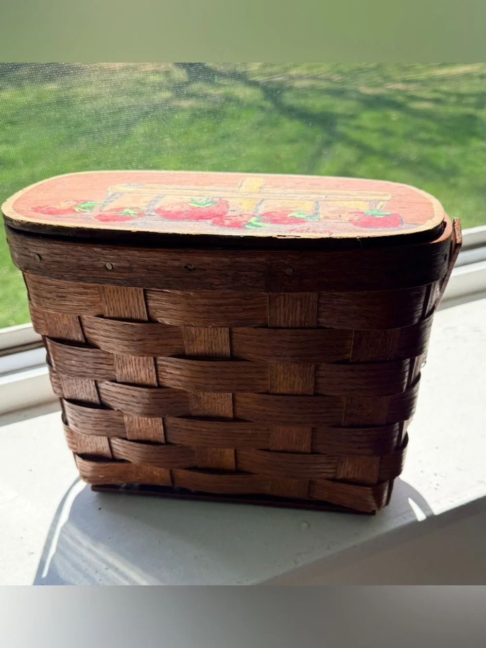Vintage strawberry folk art hand painted woven wood picnic basket purse signed